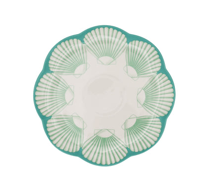 Assiette plate en céramique Balearic Blu blanche avec motif vert et bord peint à la main (lot de 4)