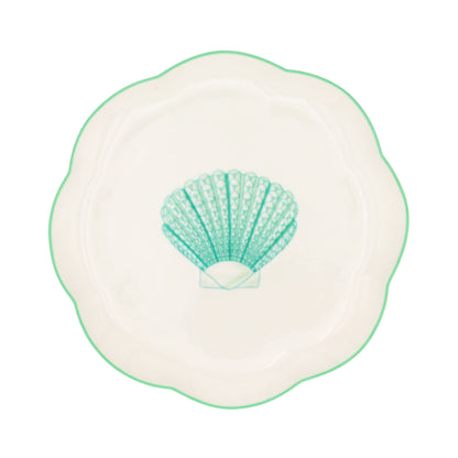 Assiette à entrée en céramique Balearic Blu blanche avec motif coquille Saint-Jacques verte et bord peint à la main (lot de 4)