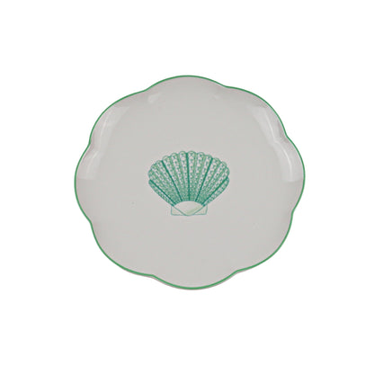 Assiette à entrée en céramique Balearic Blu blanche avec motif coquille Saint-Jacques verte et bord peint à la main (lot de 4)