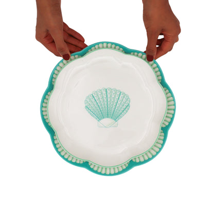 Assiette à entrée en céramique Balearic Blu blanche avec motif coquille Saint-Jacques verte et bord peint à la main (lot de 4)