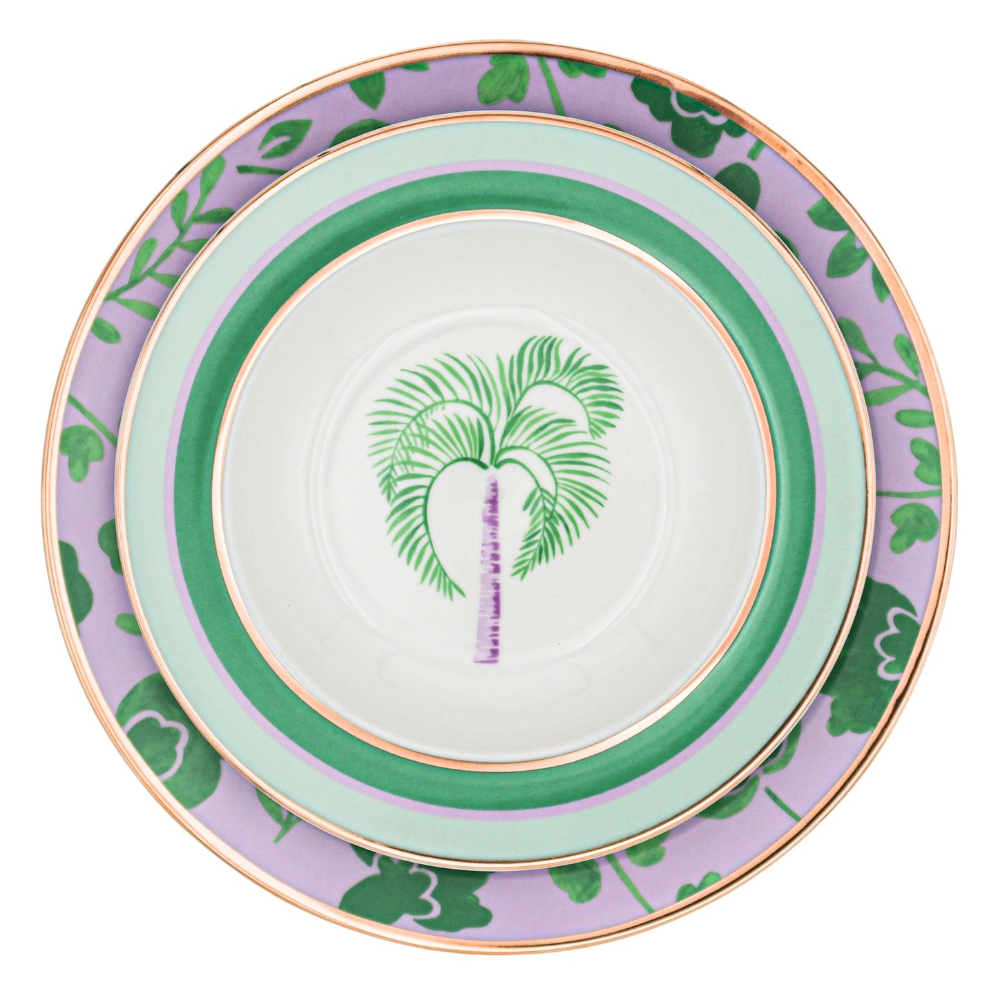 Assiette plate en porcelaine Bernadette Leaf lilas et verte avec bord doré peint à la main (lot de 4)