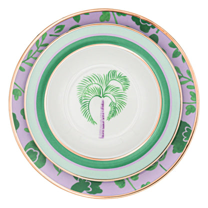 Assiette plate en porcelaine Bernadette Leaf lilas et verte avec bord doré peint à la main (lot de 4)