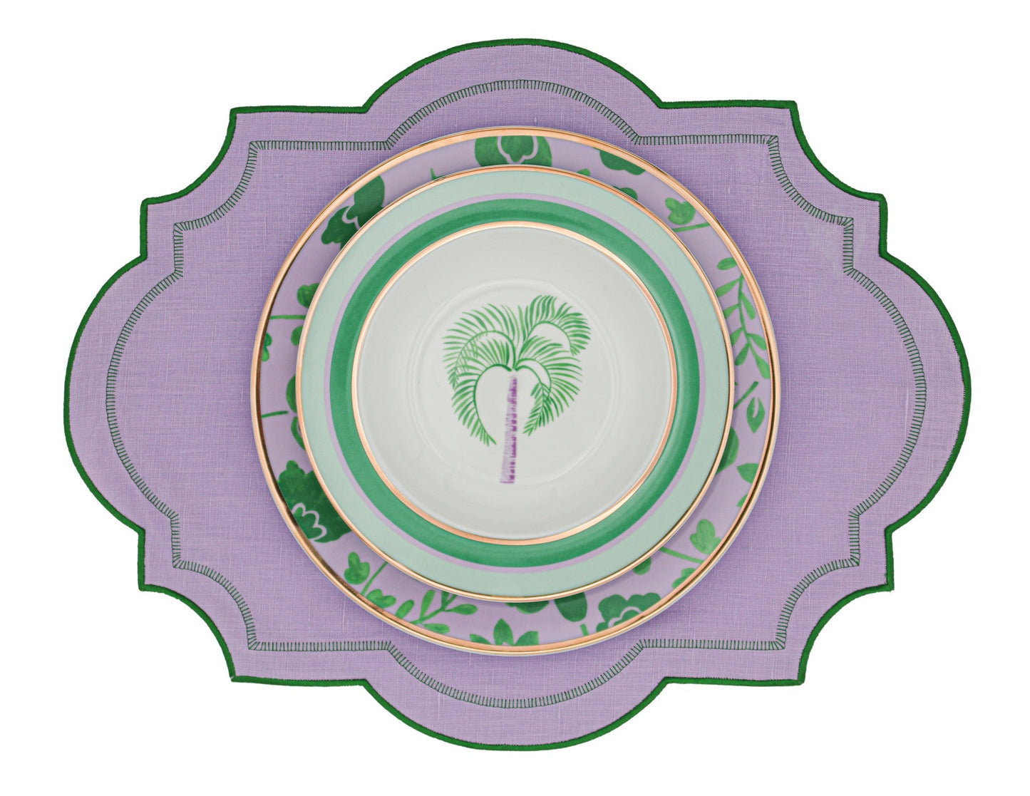 Assiette plate en porcelaine Bernadette Leaf lilas et verte avec bord doré peint à la main (lot de 4)