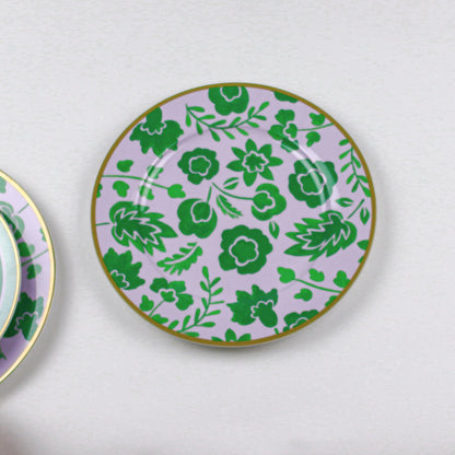 Assiette plate en porcelaine Bernadette Leaf lilas et verte avec bord doré peint à la main (lot de 4)