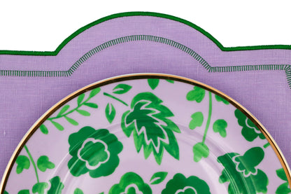 Assiette plate en porcelaine Bernadette Leaf lilas et verte avec bord doré peint à la main (lot de 4)