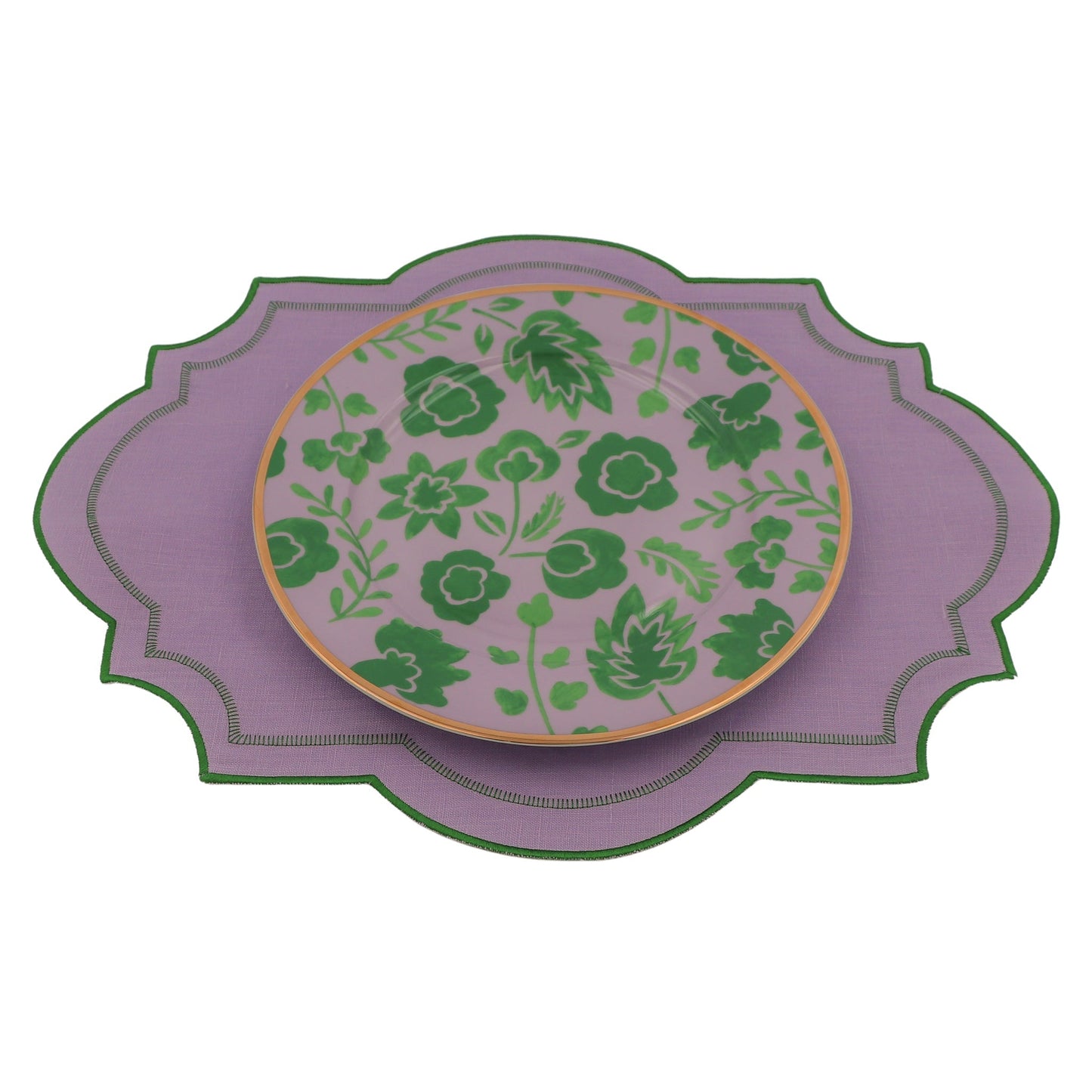 Assiette plate en porcelaine Bernadette Leaf lilas et verte avec bord doré peint à la main (lot de 4)