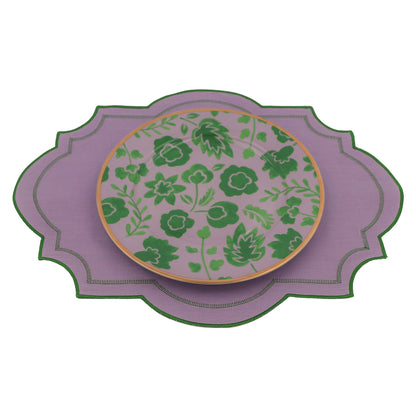 Assiette plate en porcelaine Bernadette Leaf lilas et verte avec bord doré peint à la main (lot de 4)