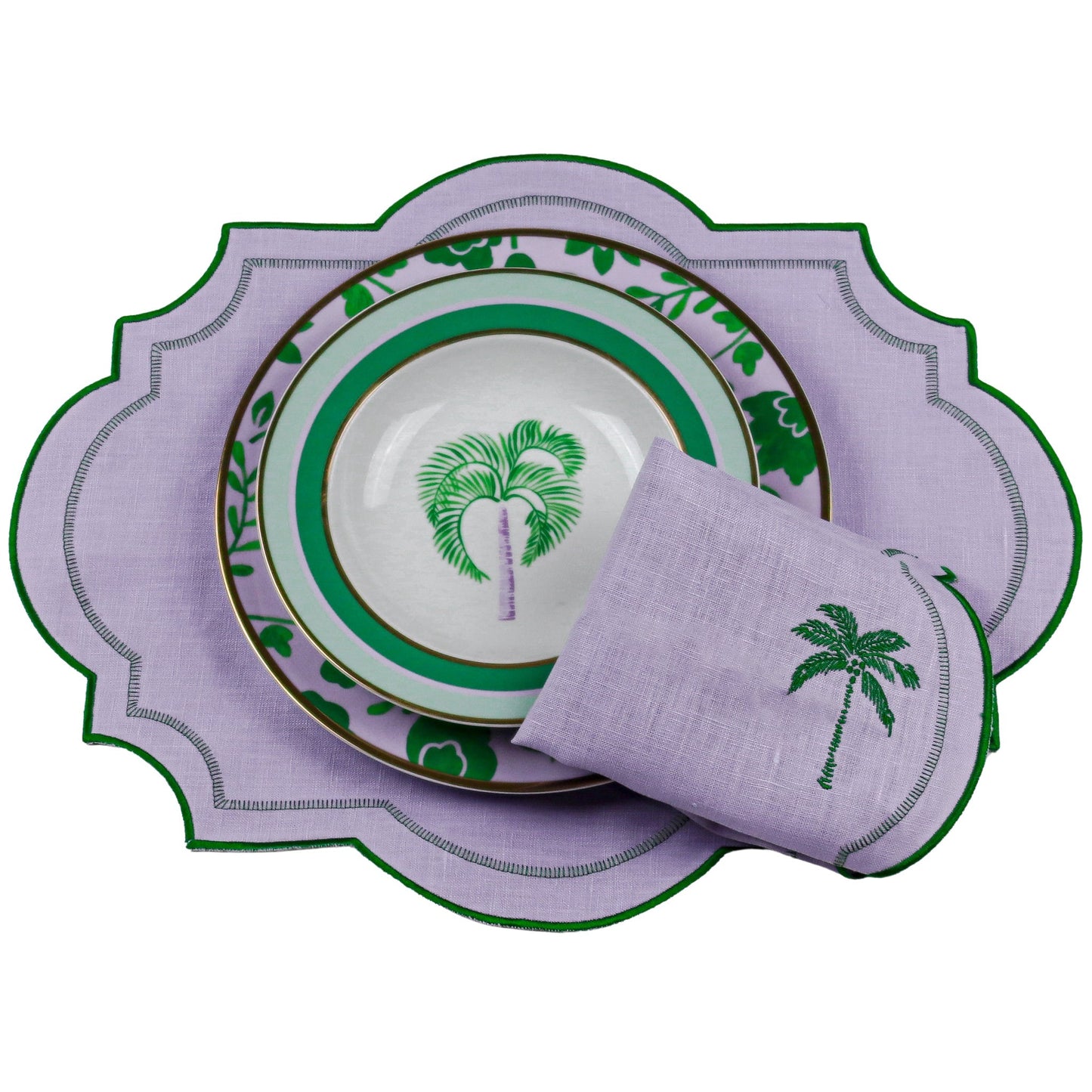 Assiette plate en porcelaine Bernadette Leaf lilas et verte avec bord doré peint à la main (lot de 4)