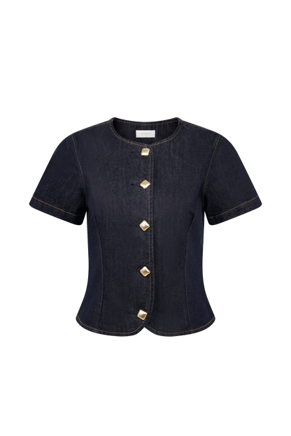Top en jean à manches courtes et boutons - Bleu indigo délavé