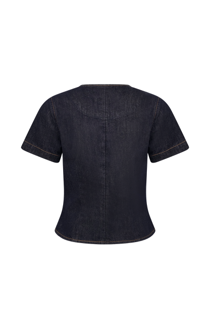Top en jean à manches courtes et boutons - Bleu indigo délavé