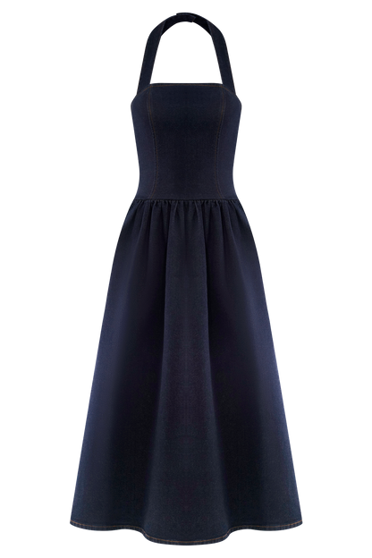 Caroline Robe Midi en Jean à Décolleté Halter - Bleu Indigo