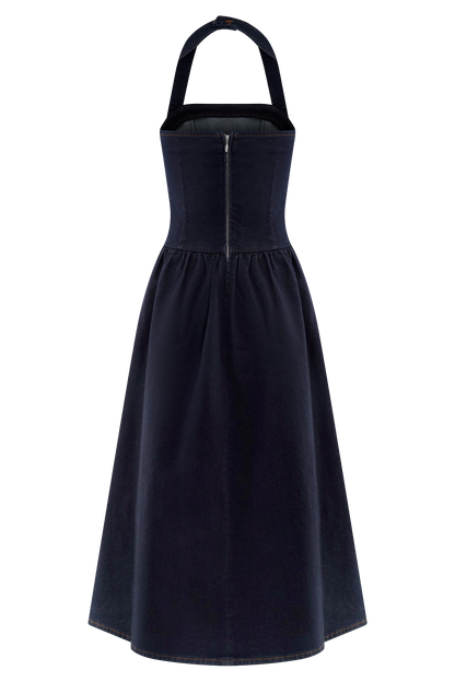 Caroline Robe Midi en Jean à Décolleté Halter - Bleu Indigo