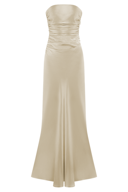 Robe longue satinée sans bretelles Cedar - Or rosé