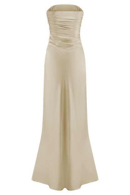 Robe longue satinée sans bretelles Cedar - Or rosé