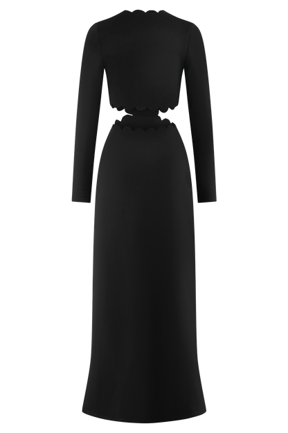 Robe Maxi à Manches Frangées et Décolleté en V - Noir