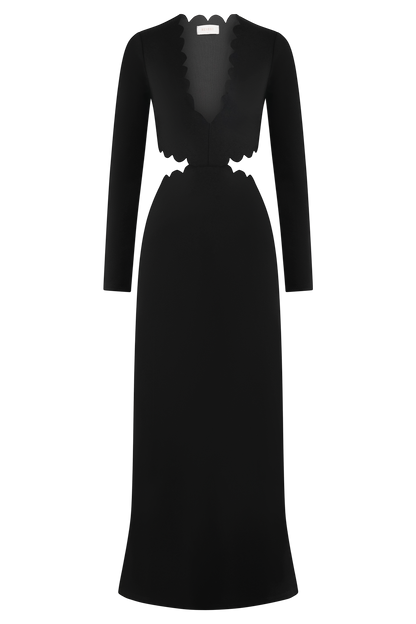 Robe Maxi à Manches Frangées et Décolleté en V - Noir