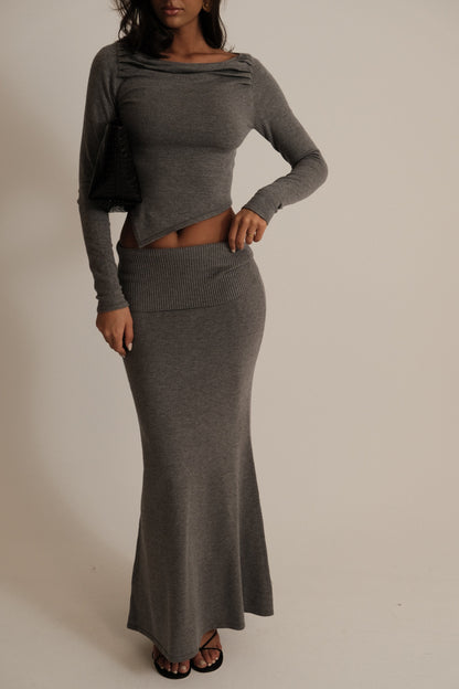 Jupe Maxi Tricotée Karlie avec Taille côtelée - Gris Anthracite