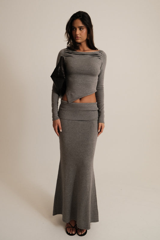 Jupe Maxi Tricotée Karlie avec Taille côtelée - Gris Anthracite