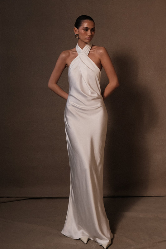 Robe satinée Laura à col halter - Blanc