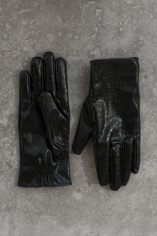 Atlas Gants en simili cuir croco - Noir