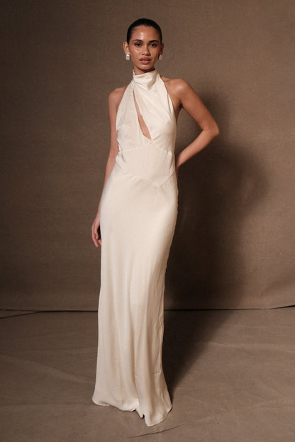 Robe Maxi Belladonna en Satin avec Décolleté Croisé - Ivoire