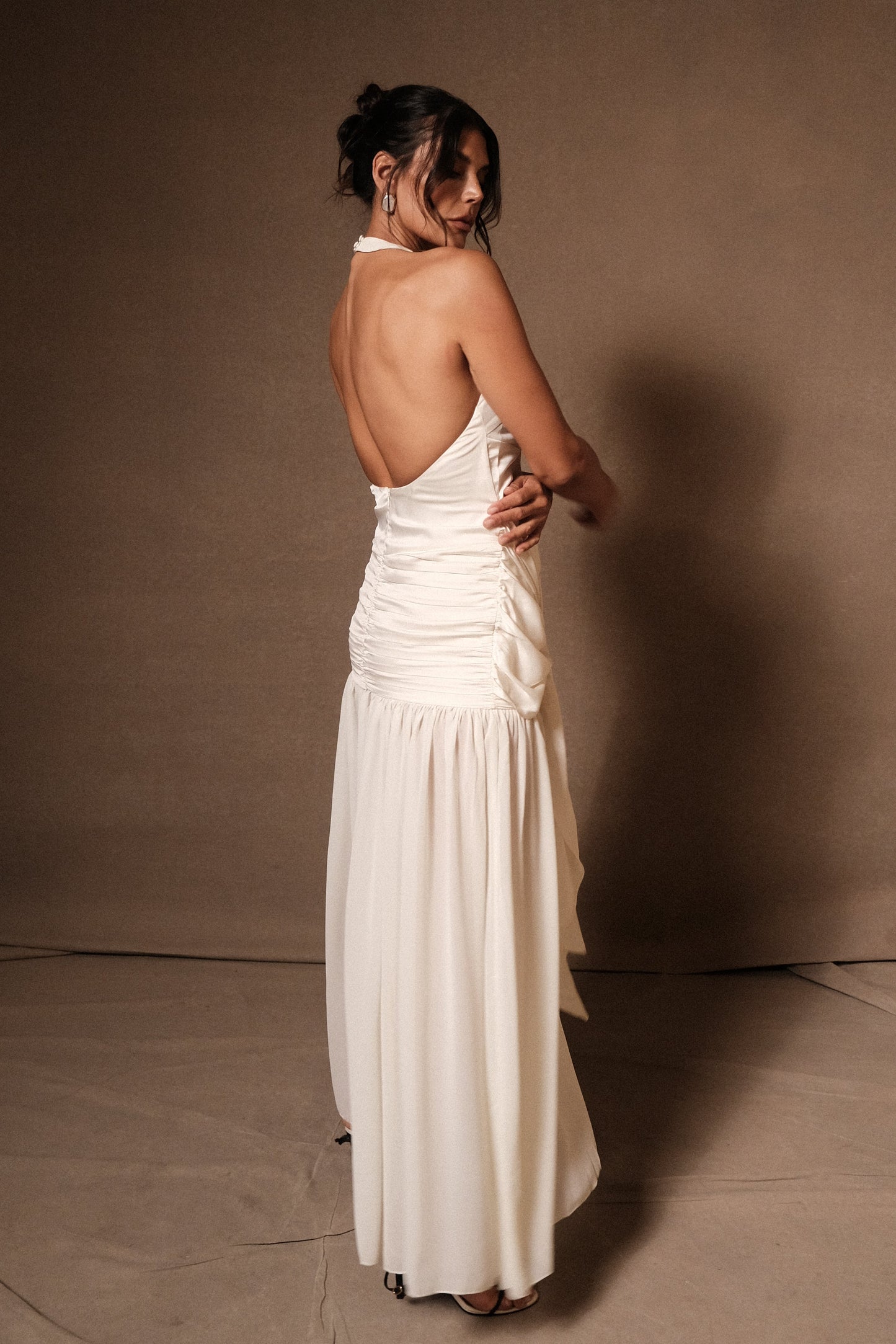 Robe Maxi en Satin et Chiffon à Décolleté Plongeant - Ivoire