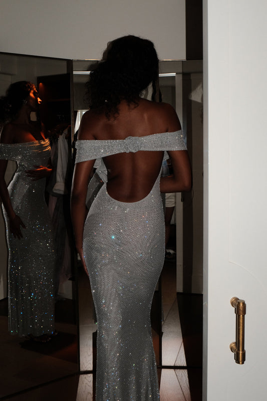 Robe Maxi Diamantée Arna à Manches Décolletées - Argent