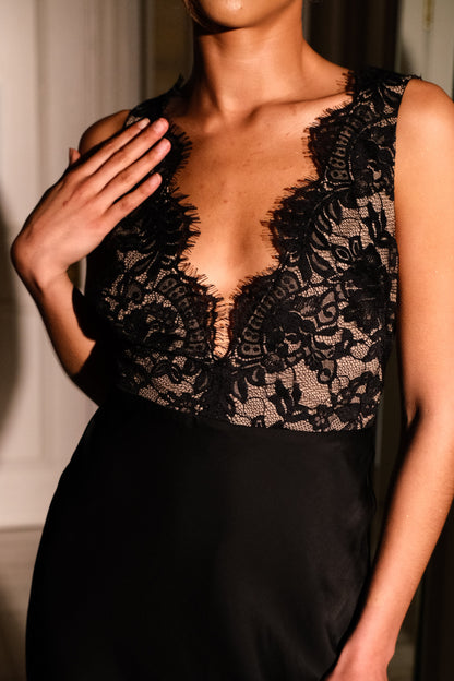 Robe Maxi en Satin et Dentelle Ricci - Noir