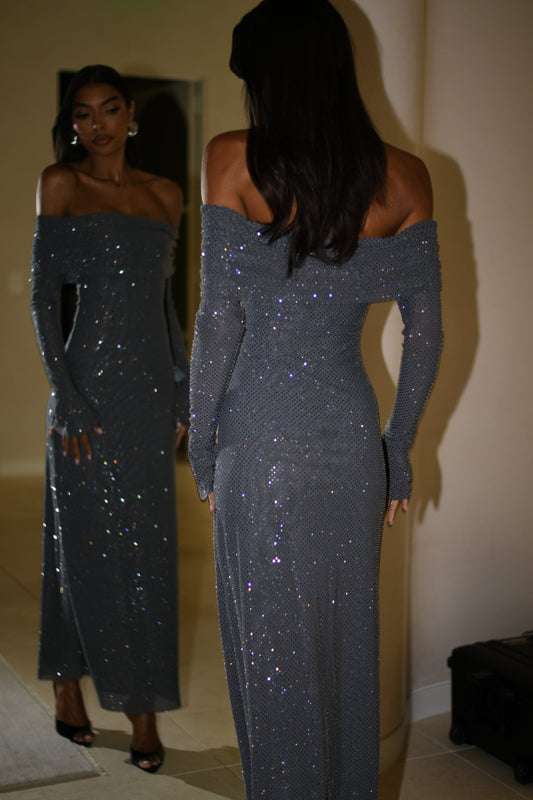 Robe Maxi Marcel à épaules dénudées et strass - Gris anthracite