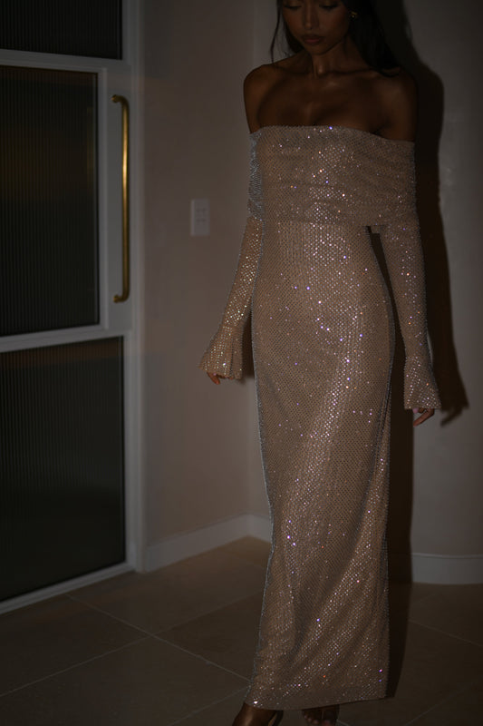 Robe Maxi Marcel à épaules dénudées et strass - Nude