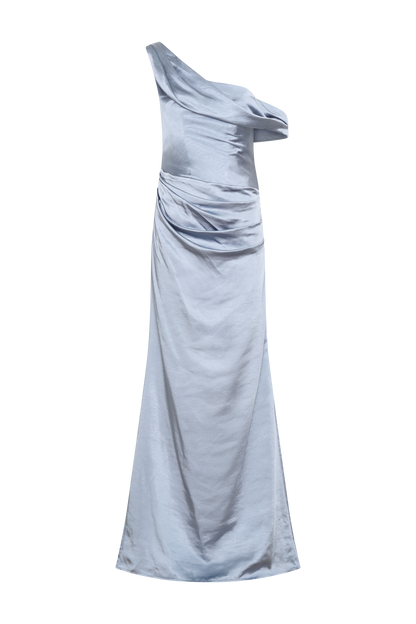Robe Maxi en Satin Dalia à Manches Décolletées - Bleu Glacé