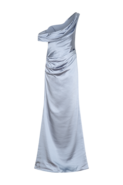 Robe Maxi en Satin Dalia à Manches Décolletées - Bleu Glacé
