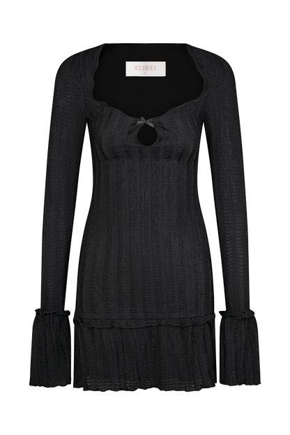 Robe mini à manches longues en pointelle Daphne - Noir