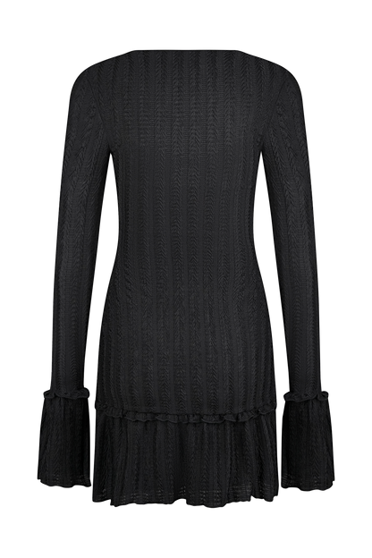 Robe mini à manches longues en pointelle Daphne - Noir
