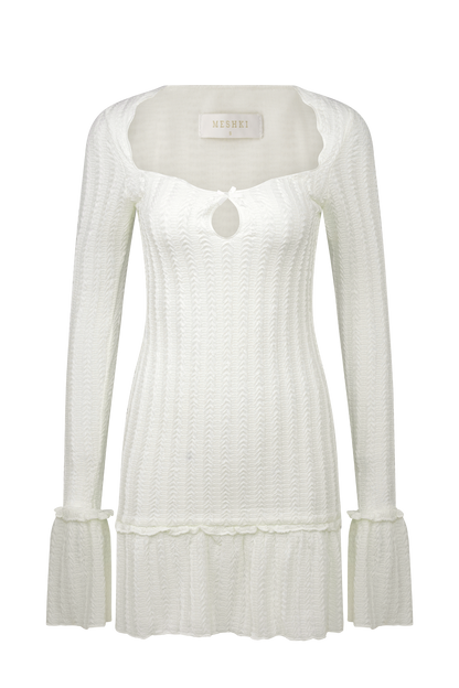 Robe mini à manches longues en pointelle Daphne - Ivoire