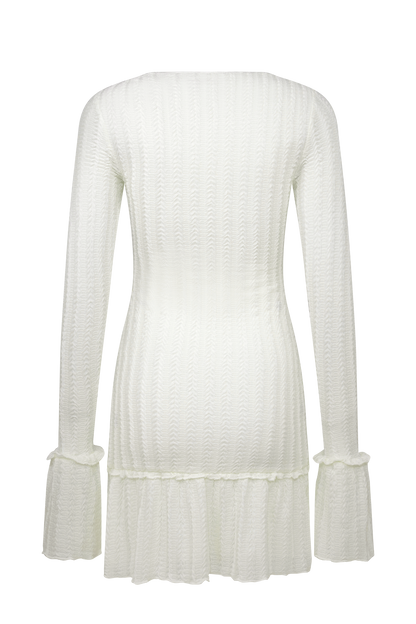 Robe mini à manches longues en pointelle Daphne - Ivoire