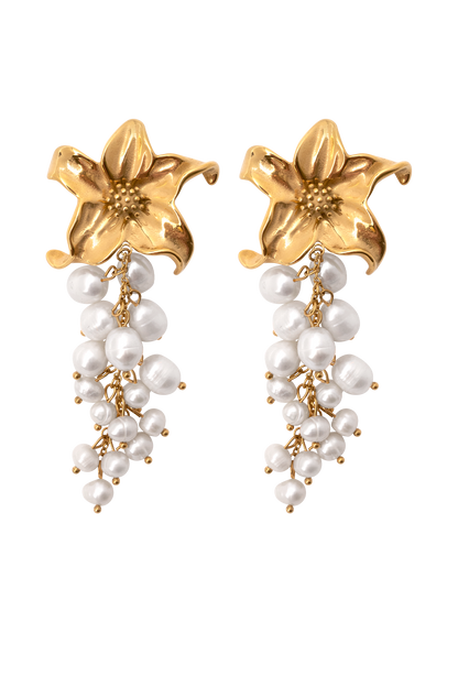 Boucles d'oreilles Eva en perles d'eau douce avec motif floral - Or