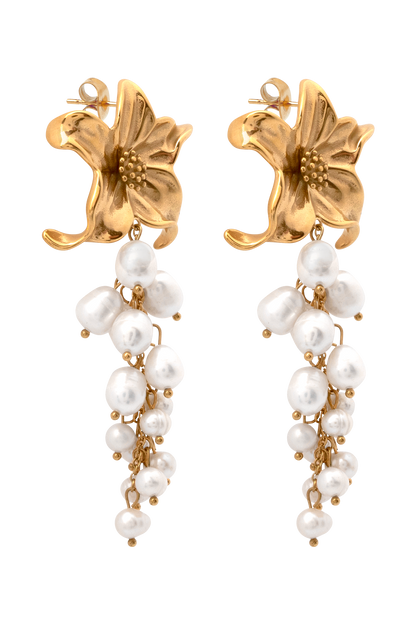 Boucles d'oreilles Eva en perles d'eau douce avec motif floral - Or
