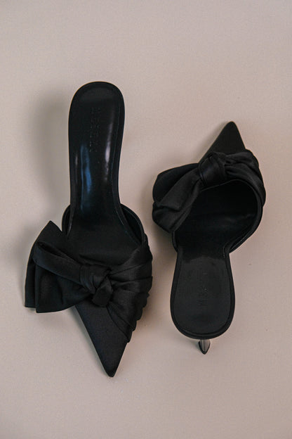 Elena, talons satinés à nœud et bout pointu - Noir
