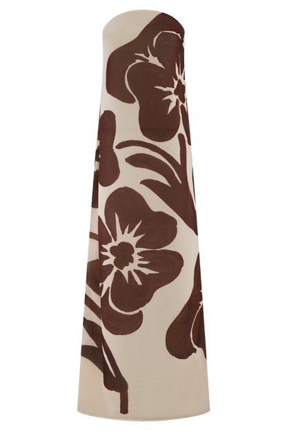 Robe Maxi en Chiffon sans Bretelles Amaya - Imprimé Fleur Déco Brun