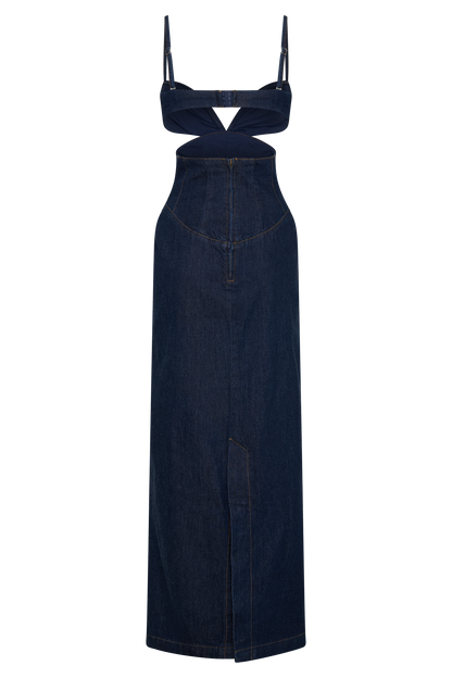 Amila Robe Maxi en Jean à Manches Bouffantes - Bleu Indigo