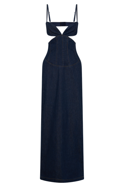 Amila Robe Maxi en Jean à Manches Bouffantes - Bleu Indigo