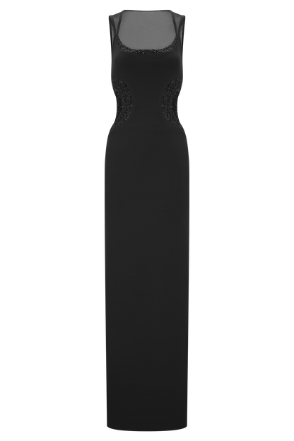 Robe Maxi en Crêpe Perlée Angelique - Noir