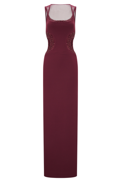Robe Maxi en Crêpe Perlée Angelique - Vin Rouge