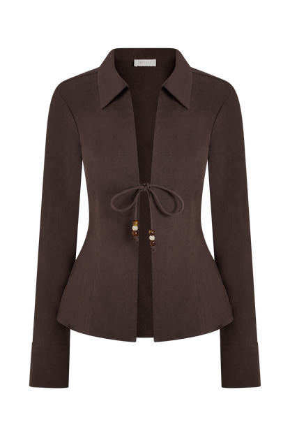 Chemise à col enroulable Annalee en coton avec perles - Espresso foncé