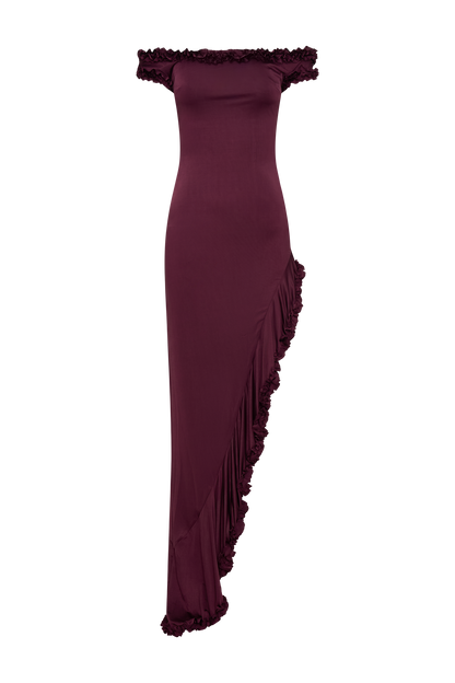 Robe midi à volants et épaules dénudées Arielle - Prune