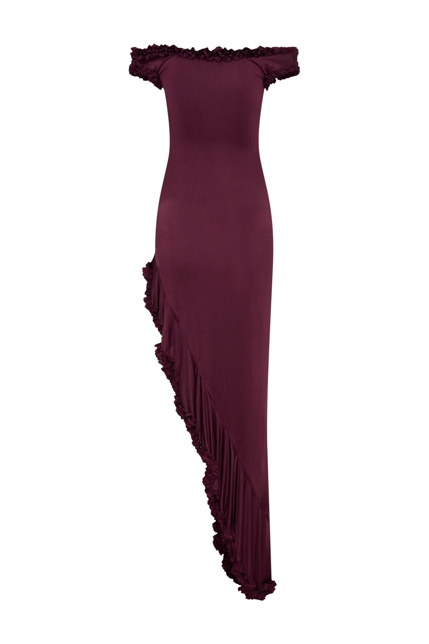 Robe midi à volants et épaules dénudées Arielle - Prune