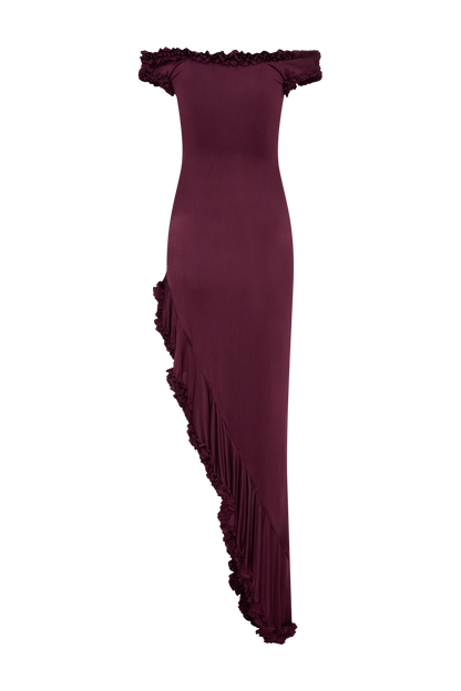 Robe midi à volants et épaules dénudées Arielle - Prune