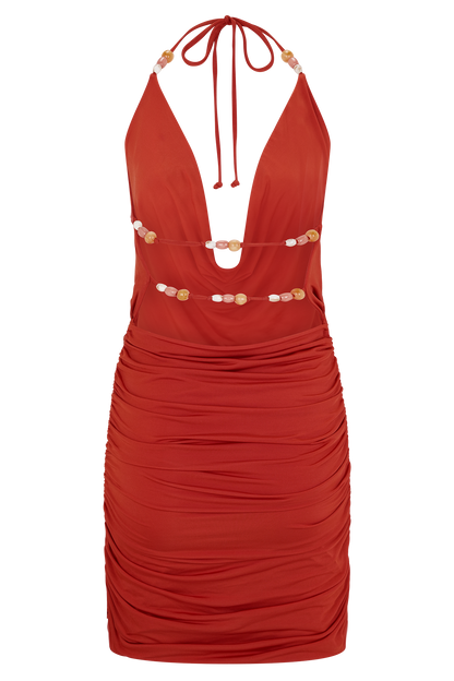 Mini-robe à col châle et perles Astraeus - Rouge désert