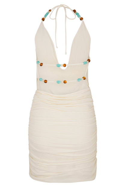 Mini-robe à col montant et perles Astraeus - Ivoire